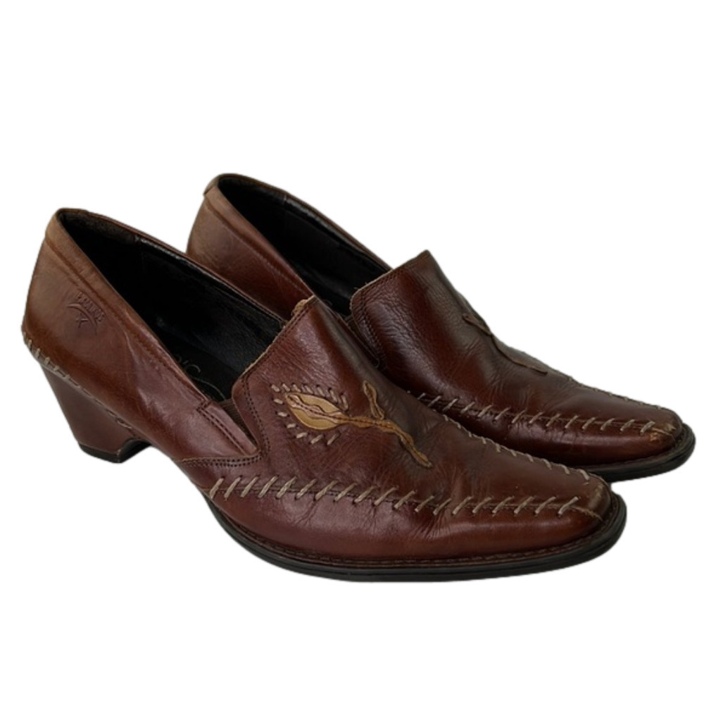Pikolinos Women's Tan Leather Slip on Heeled Loafer Shoe